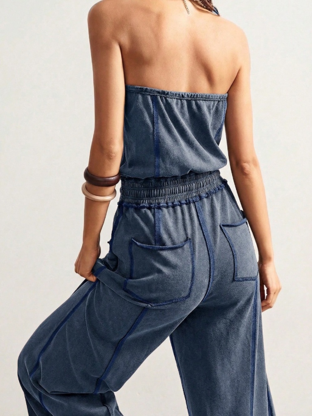 Cotton Blend Strapless Blue Boho Wide Leg Jumpsuit with Pockets - Picture 4 of 8